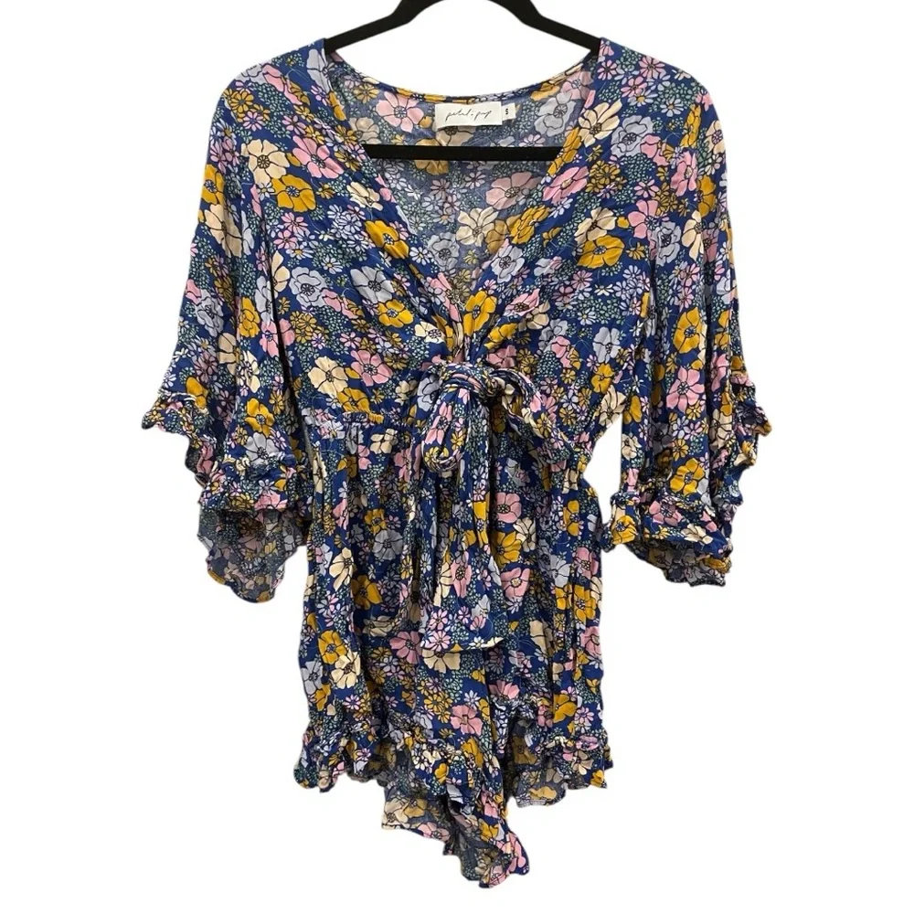 Petal & Pup Blue Floral Tuily Long Sleeve Ruffle Romper Size Small - Picture 6 of 10
